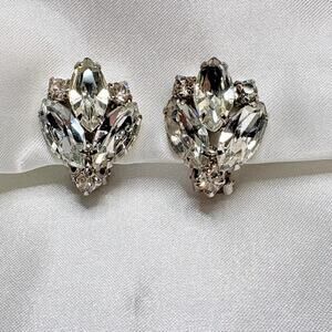 Vintage Clear Rhinestone Clip‑On Earrings • 1960s Prong‑Set Marquise & Baguette